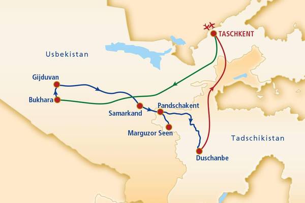Usbekistan, Tadschikistan, Routenkarte TASA01