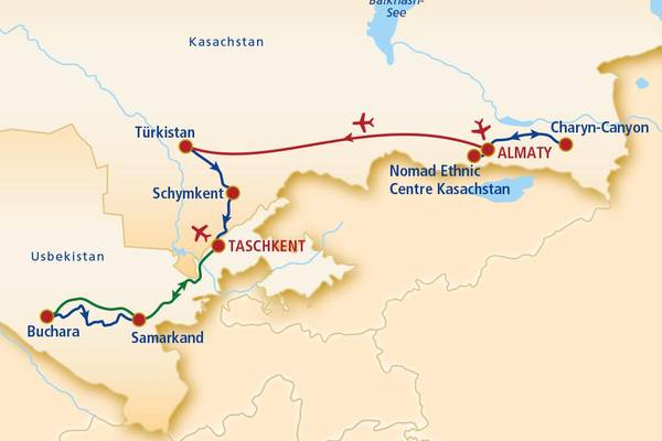 Kasachstan, Usbekistan, Routenkarte ALAA01