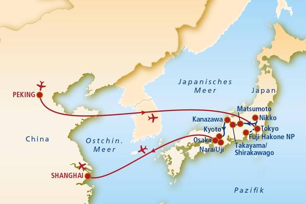 Länderkombination China & Japan Routenkarte Länderkombination China & Japan Routenkarte