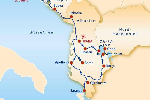 Routenkarte-TIAA12-Albanien-Montenegro-Rundreise-Bavaria-Fernreisen