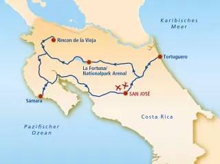 Routenkarte Costa Rica Rundreise SJOA15 Routenkarte Costa Rica Rundreise SJOA15
