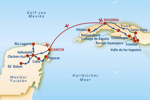Routenkarte HAVA12 Kuba-Mexiko