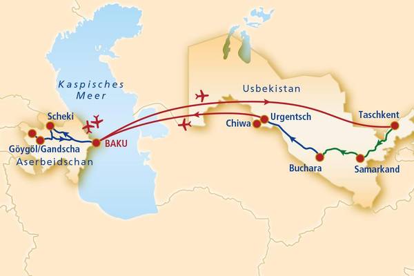 Routenkarte GYDA05 Aserbeidschan-Usbekistan